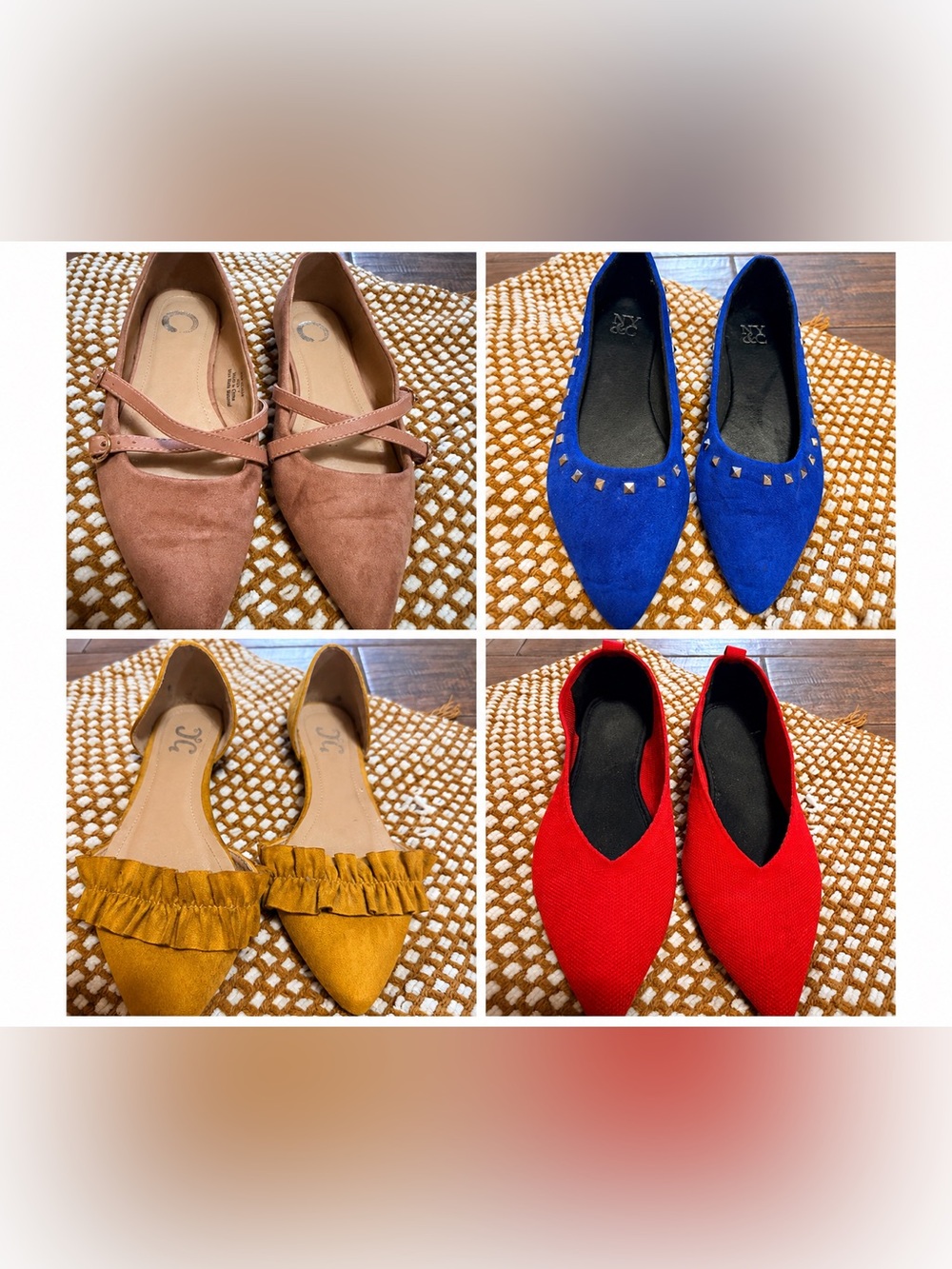 4 Pair-Women’s Pointed Toe Flats in Pink, Blue, Yellow, and Red